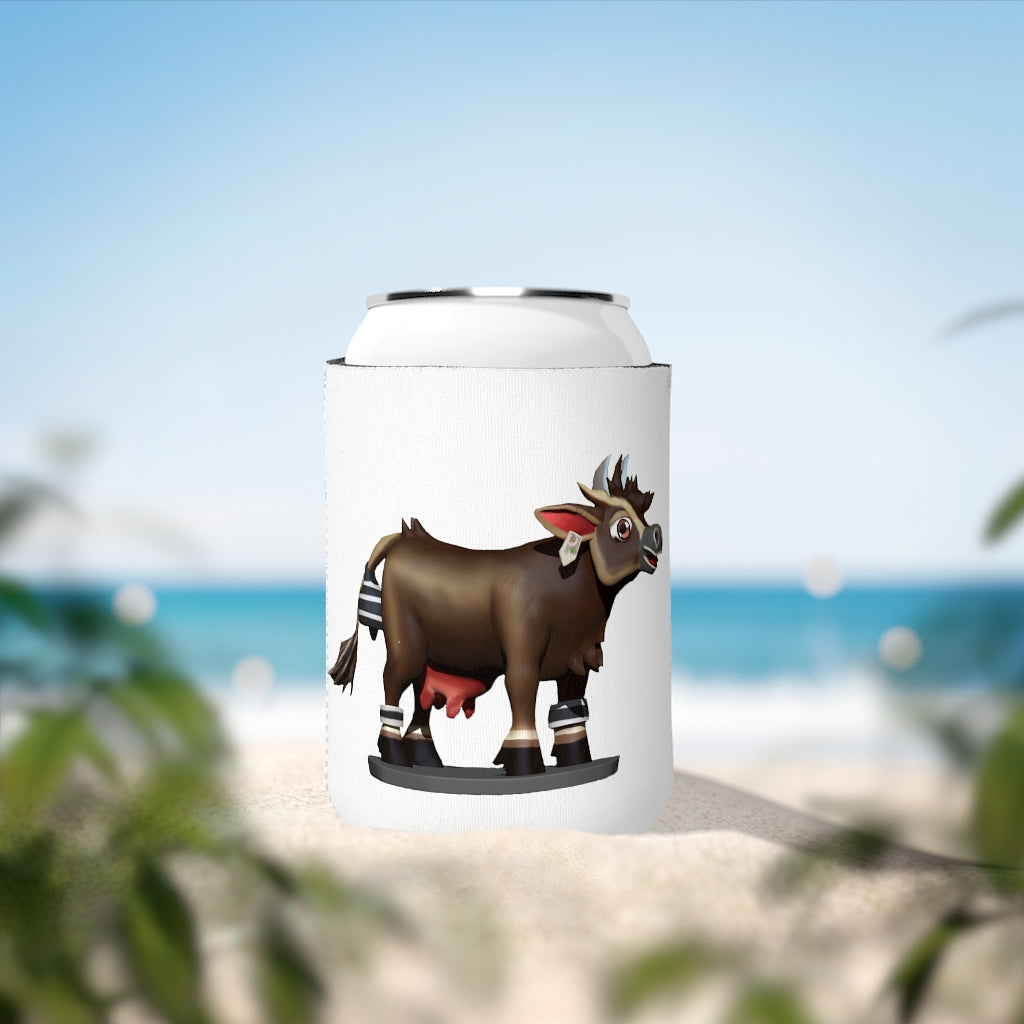Dark Brown Cow Can Cooler Sleeve made of durable neoprene, designed to fit standard 12 oz cans with a stylish cow print.
