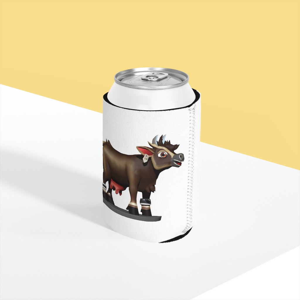 Dark Brown Cow Can Cooler Sleeve made of durable neoprene, designed to fit standard 12 oz cans with a stylish cow print.