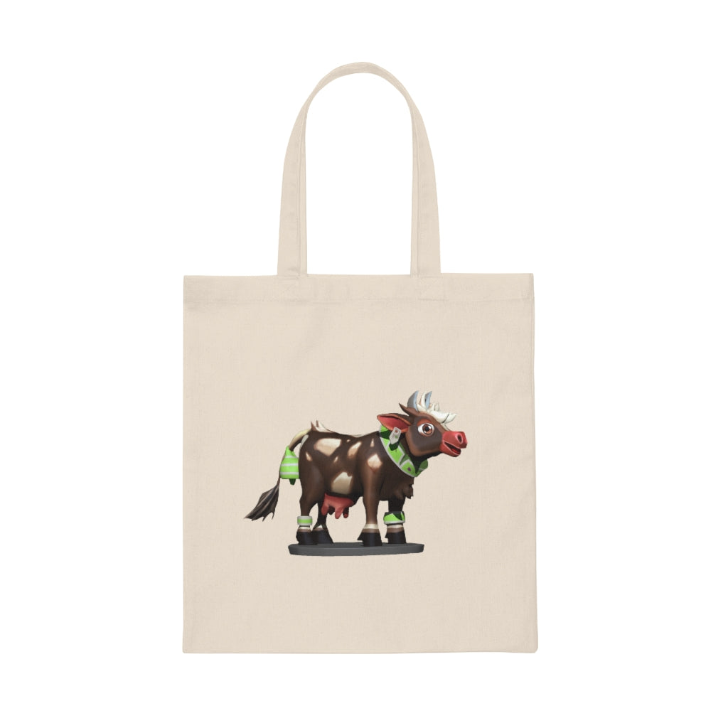 Dark Brown Cow Canvas Tote Bag with reinforced handles and stylish cow print design.