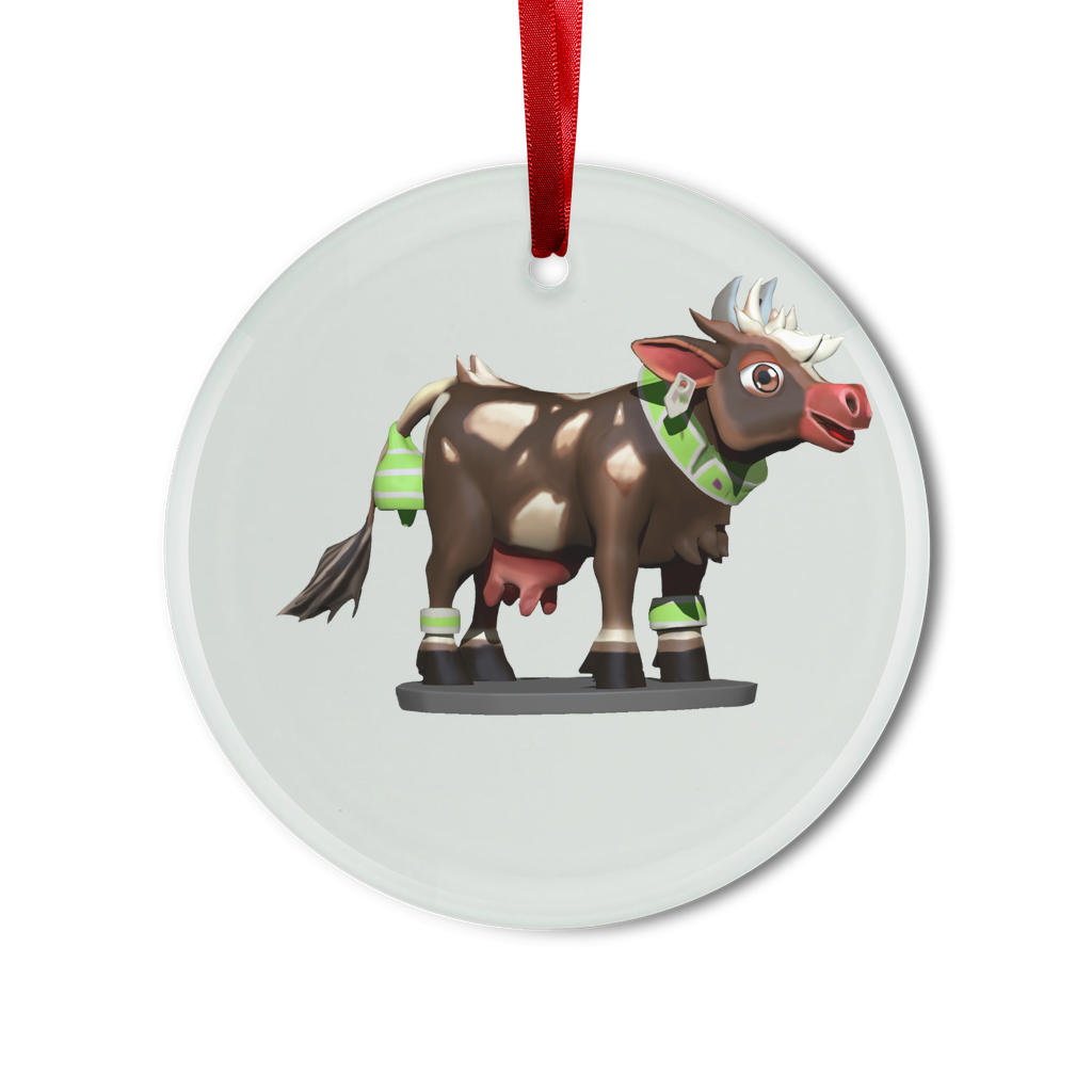 Dark Brown Cow Glass Hanging Ornament with red ribbon and gold string, perfect for Christmas tree decoration.