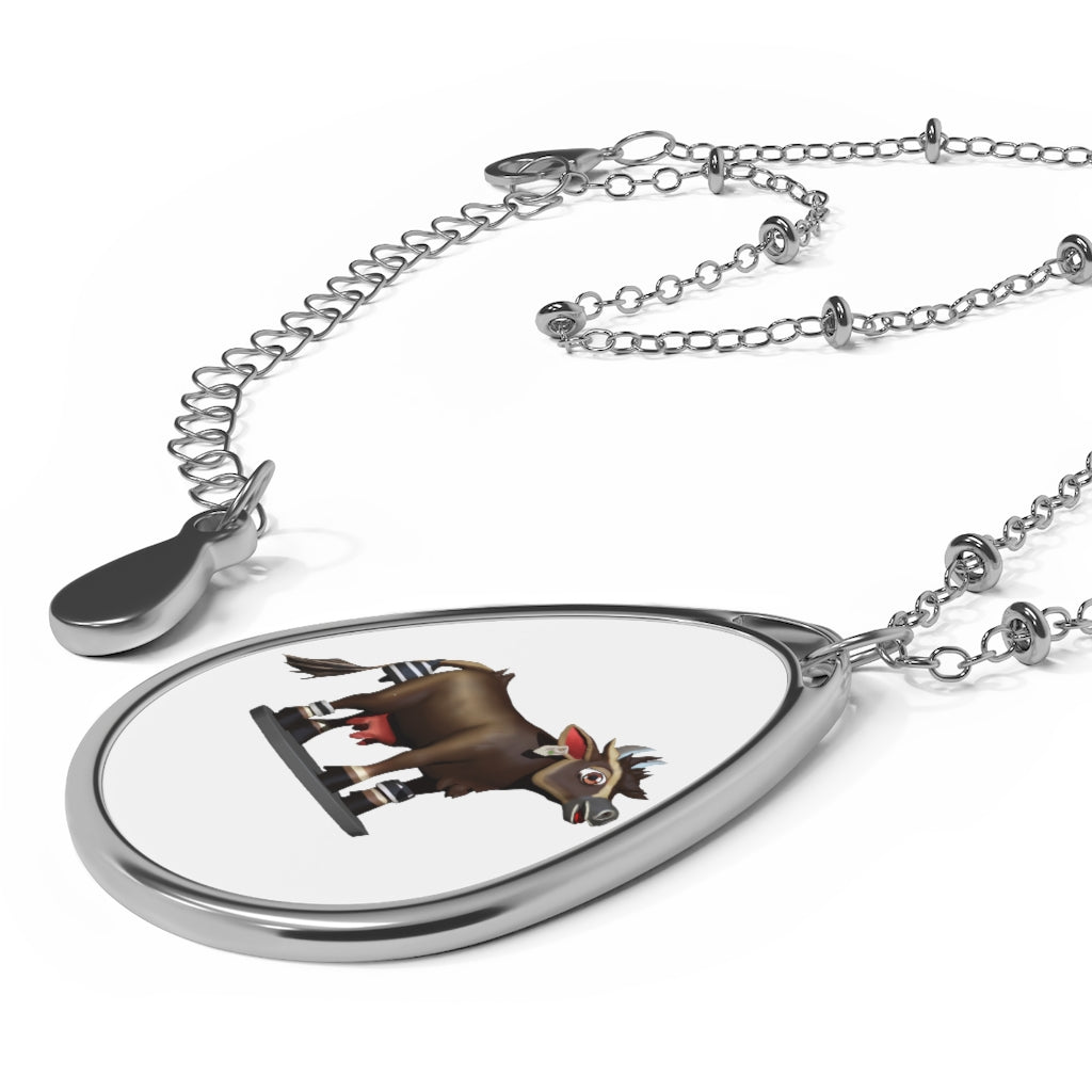 Dark Brown Cow Oval Necklace featuring a unique ellipse-shaped pendant made of brass and aluminum with a lobster clasp closure.