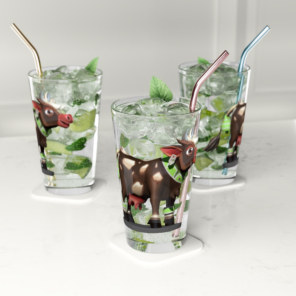 Dark Brown Cow Pint Glass, 16oz, clear glass with customizable design, perfect for beverages.