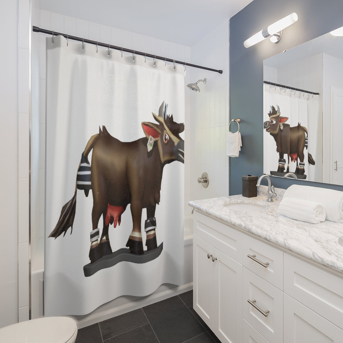 Dark brown cow shower curtain made of durable polyester, featuring a unique cow design, perfect for adding style to any bathroom.