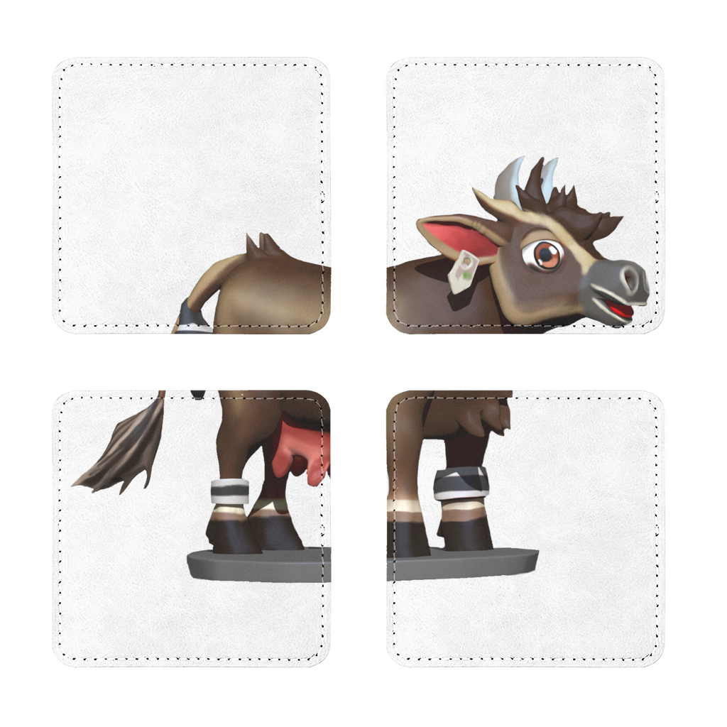 Pack of four dark brown cow sublimation coasters made from PU leather, featuring a stylish design with white stitching.
