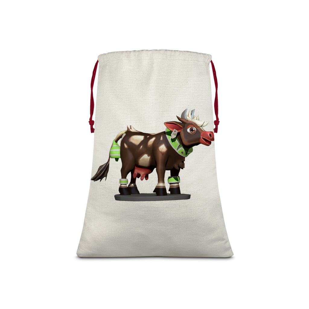 Dark Brown Cow Sublimation Linen Drawstring Sack with red drawstring, perfect for Christmas gifts and laundry.