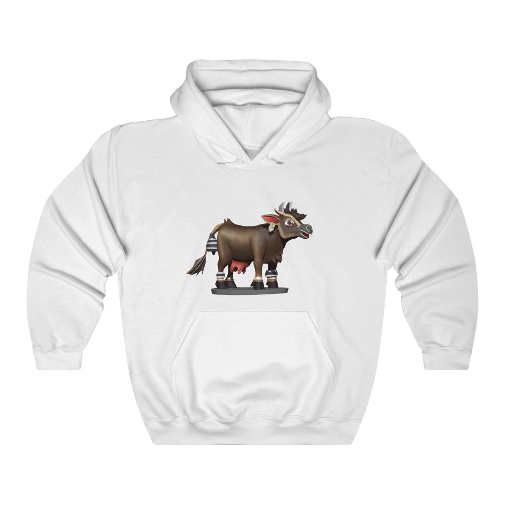 Dark Brown Cow Unisex Heavy Blend Hooded Sweatshirt featuring a spacious kangaroo pocket and matching drawstring hood.