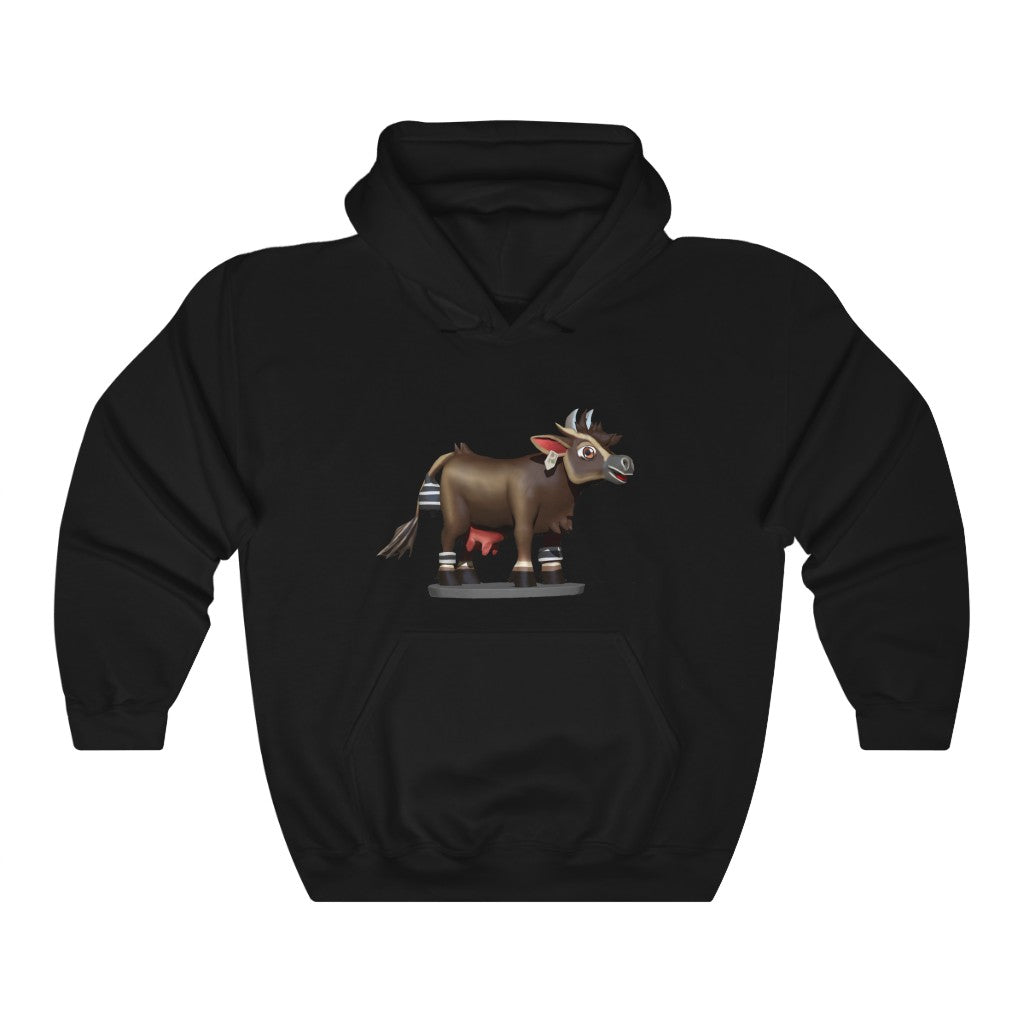 Dark Brown Cow Unisex Heavy Blend Hooded Sweatshirt featuring a spacious kangaroo pocket and matching drawstring hood.