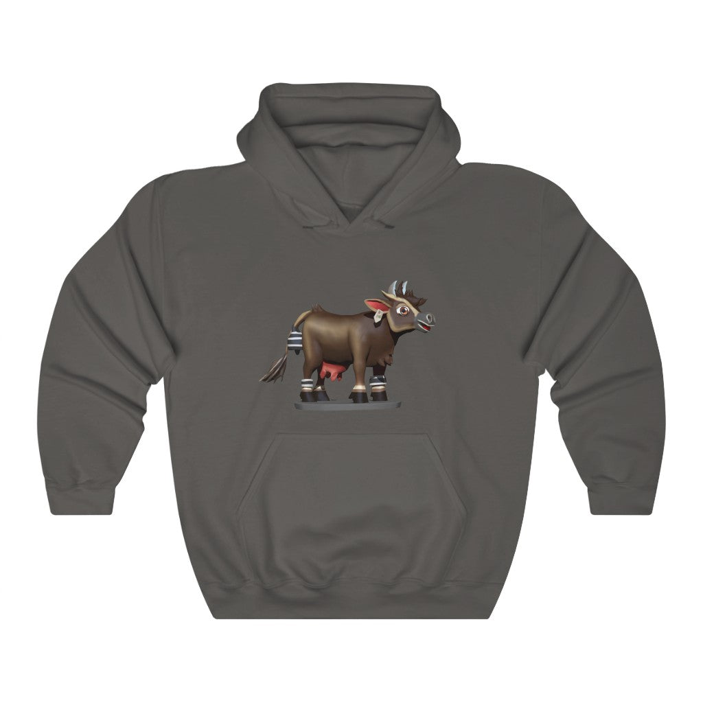 Dark Brown Cow Unisex Heavy Blend Hooded Sweatshirt featuring a spacious kangaroo pocket and matching drawstring hood.
