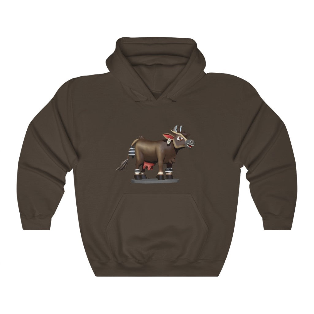 Dark Brown Cow Unisex Heavy Blend Hooded Sweatshirt featuring a spacious kangaroo pocket and matching drawstring hood.