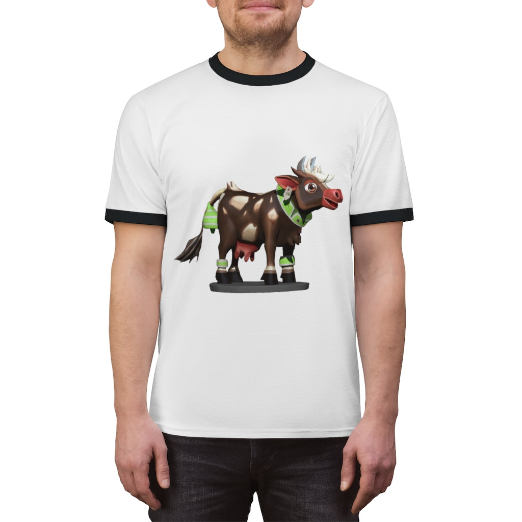 Dark Brown Cow Unisex Ringer Tee featuring a classic design with contrasting accents, perfect for summer wear.