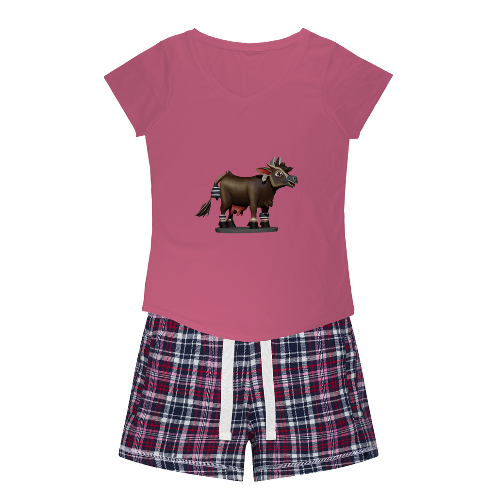 Dark Brown Cow Women's Sleepy Tee and Flannel Short set featuring a relaxed fit T-shirt and colorful flannel shorts, perfect for cozy nights.