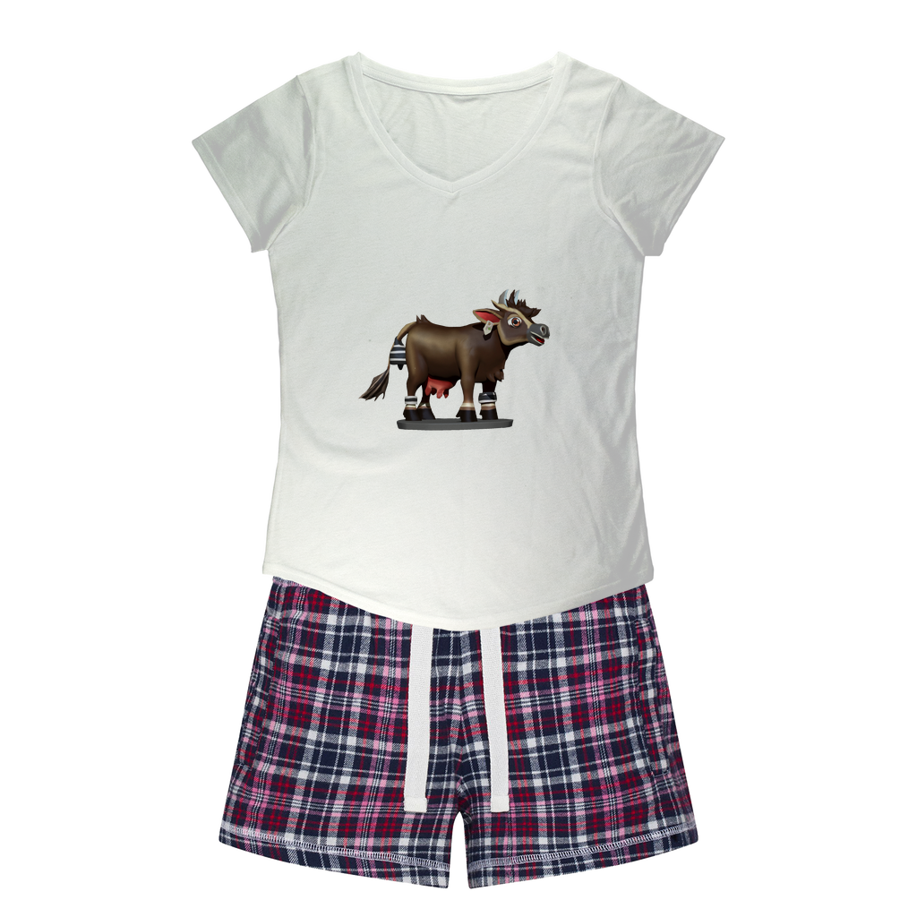 Dark Brown Cow Women's Sleepy Tee and Flannel Short set featuring a relaxed fit T-shirt and colorful flannel shorts, perfect for cozy nights.