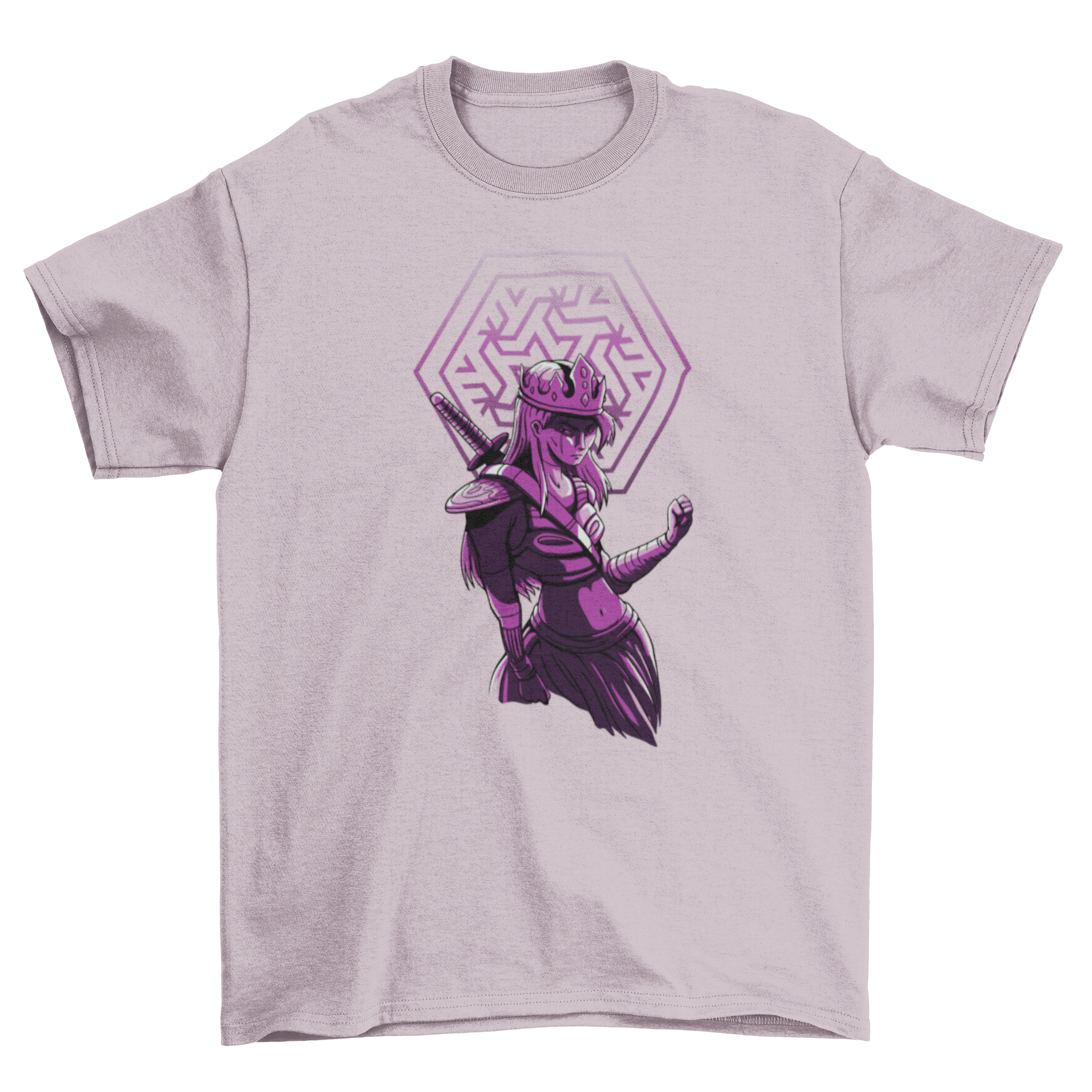 A stylish dark fantasy t-shirt featuring a female knight design in purple tones, perfect for fantasy enthusiasts.