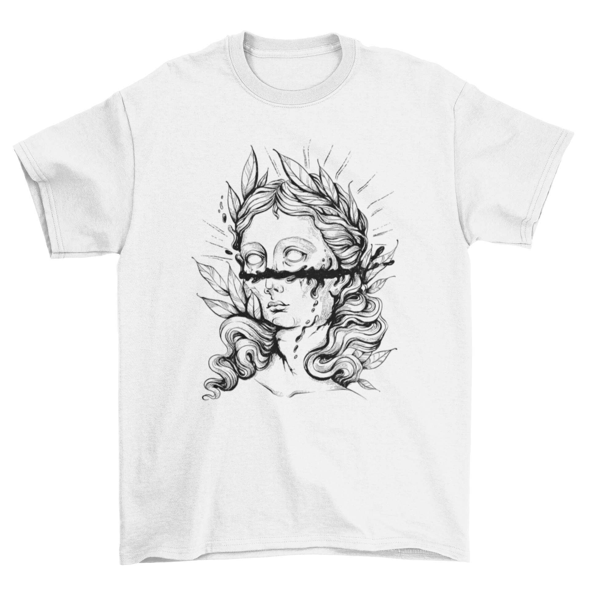 Dark Greek Statue T-Shirt featuring a goddess design with a cut on her face, showcasing artistic and mythological elements.