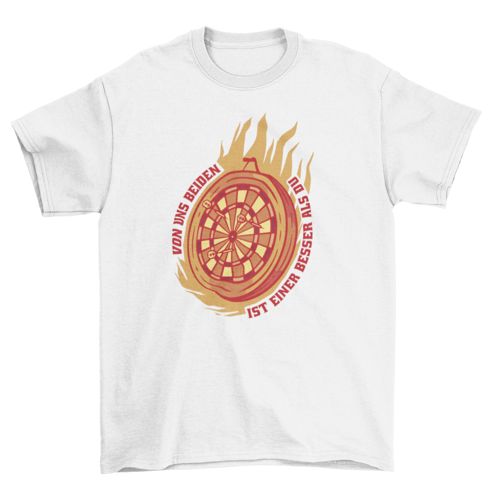Dart board on fire hobby t-shirt featuring a bold design and German quote.