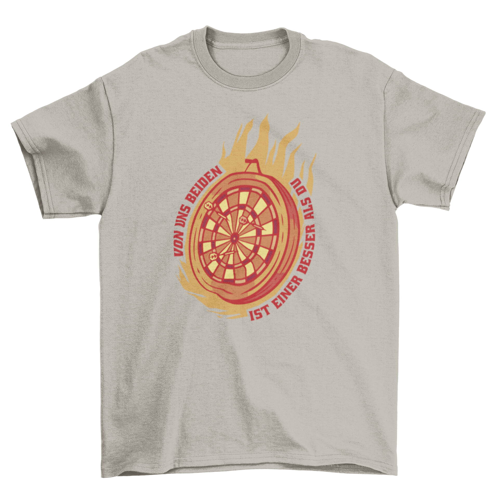 Dart board on fire hobby t-shirt featuring a bold design and German quote.