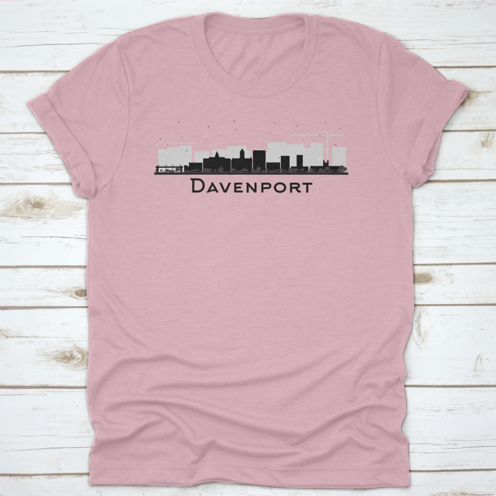 Davenport City Skyline in black and white silhouette, showcasing iconic buildings and urban landscape.