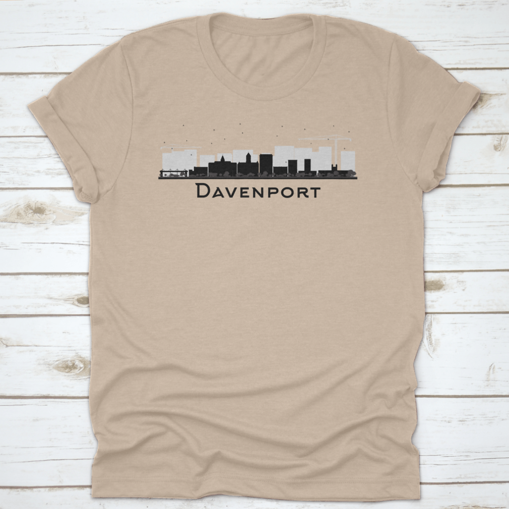 Davenport City Skyline in black and white silhouette, showcasing iconic buildings and urban landscape.