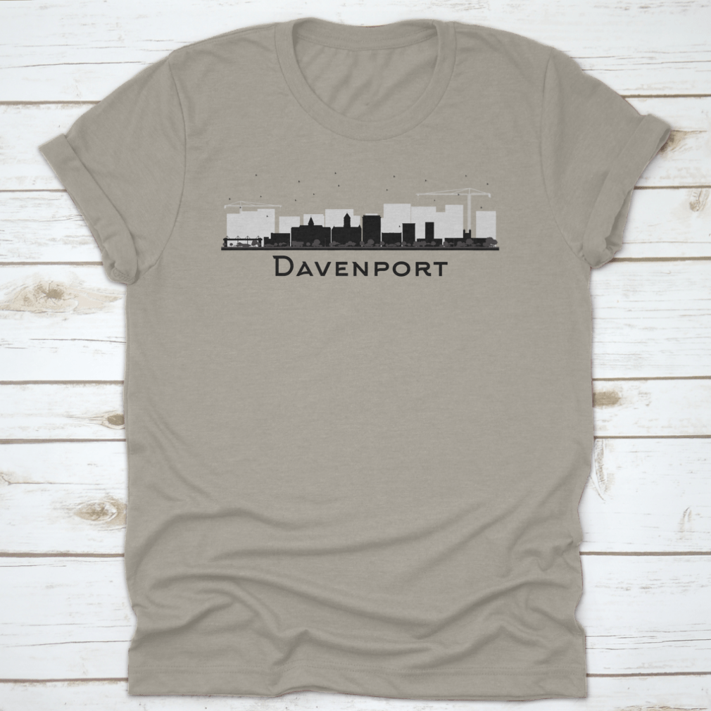 Davenport City Skyline in black and white silhouette, showcasing iconic buildings and urban landscape.