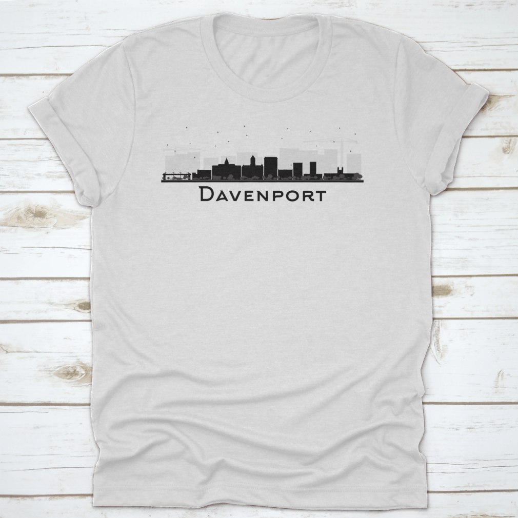 Davenport City Skyline in black and white silhouette, showcasing iconic buildings and urban landscape.