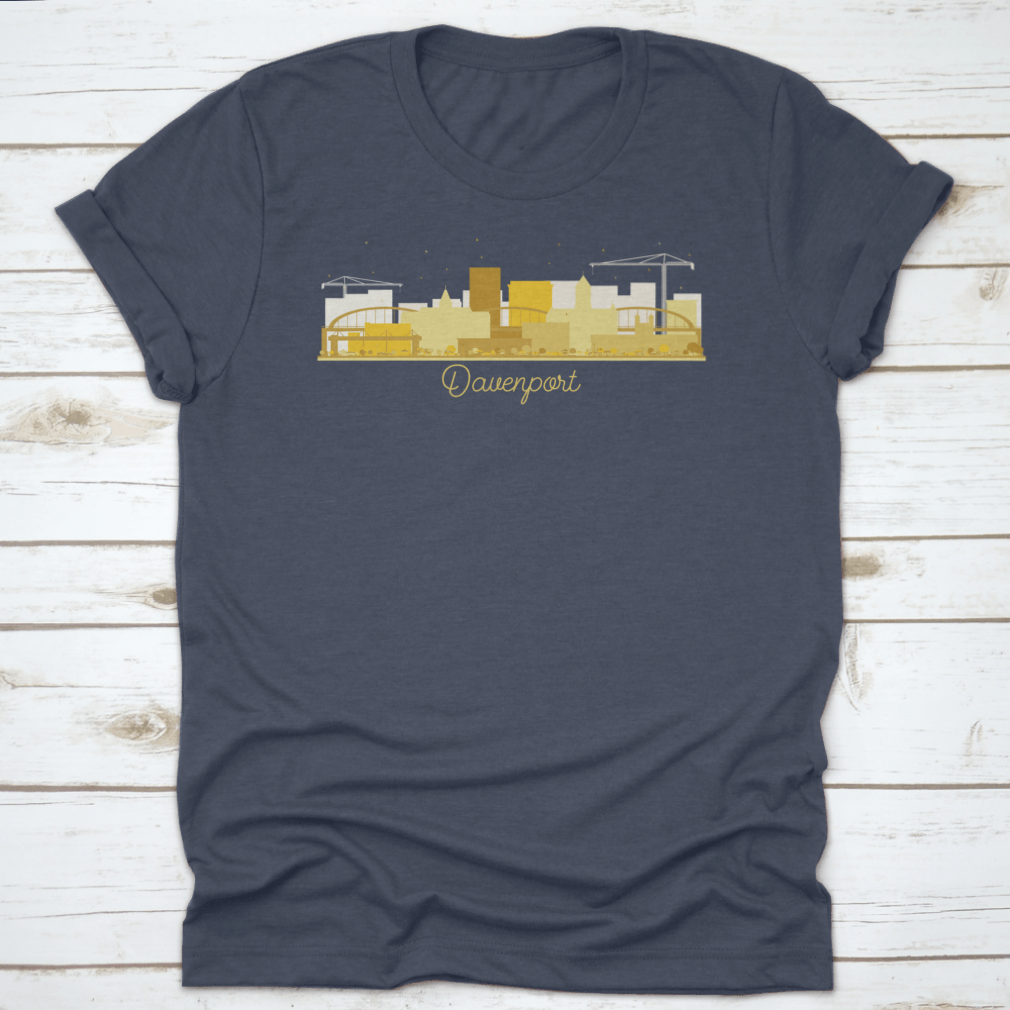 Golden silhouette vector illustration of Davenport City skyline, showcasing iconic buildings and landmarks in an elegant design.