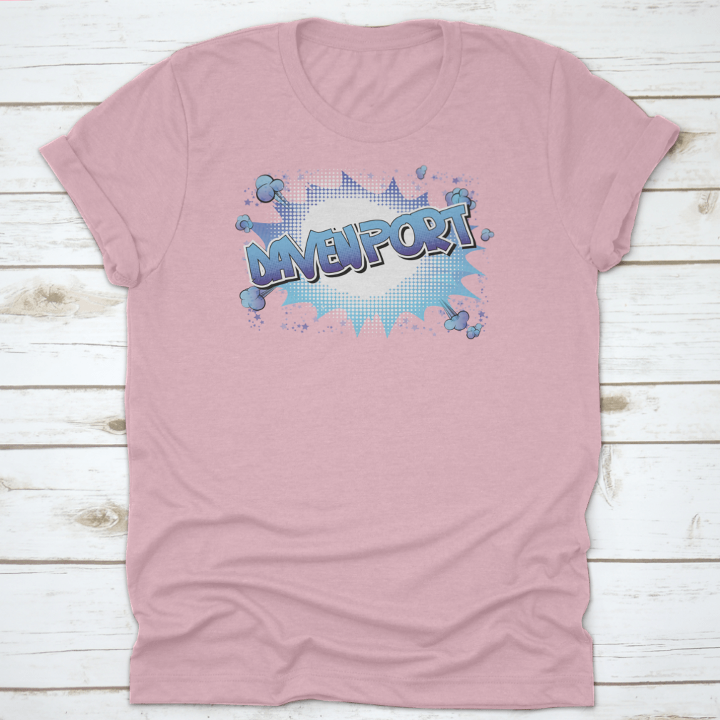 Davenport Comic Book Style Word Shirt in vibrant colors, showcasing a unique design perfect for travel enthusiasts.