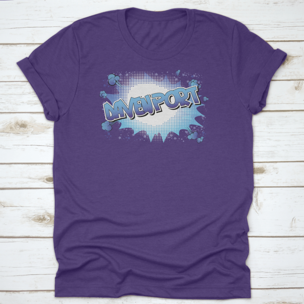 Davenport Comic Book Style Word Shirt in vibrant colors, showcasing a unique design perfect for travel enthusiasts.