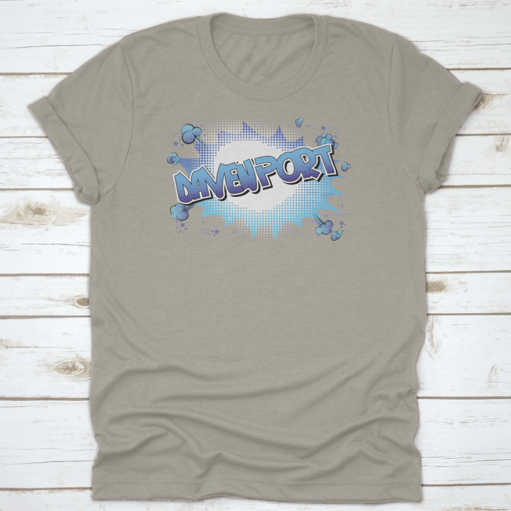 Davenport Comic Book Style Word Shirt in vibrant colors, showcasing a unique design perfect for travel enthusiasts.