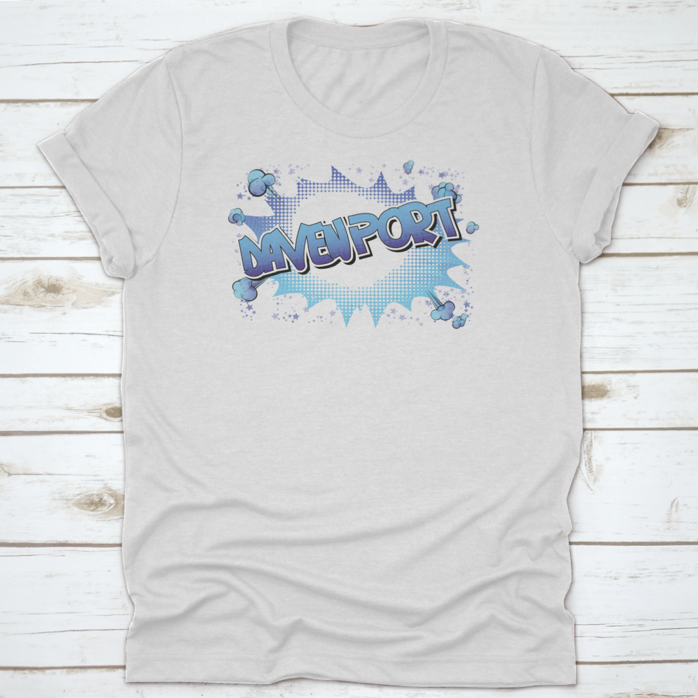 Davenport Comic Book Style Word Shirt in vibrant colors, showcasing a unique design perfect for travel enthusiasts.