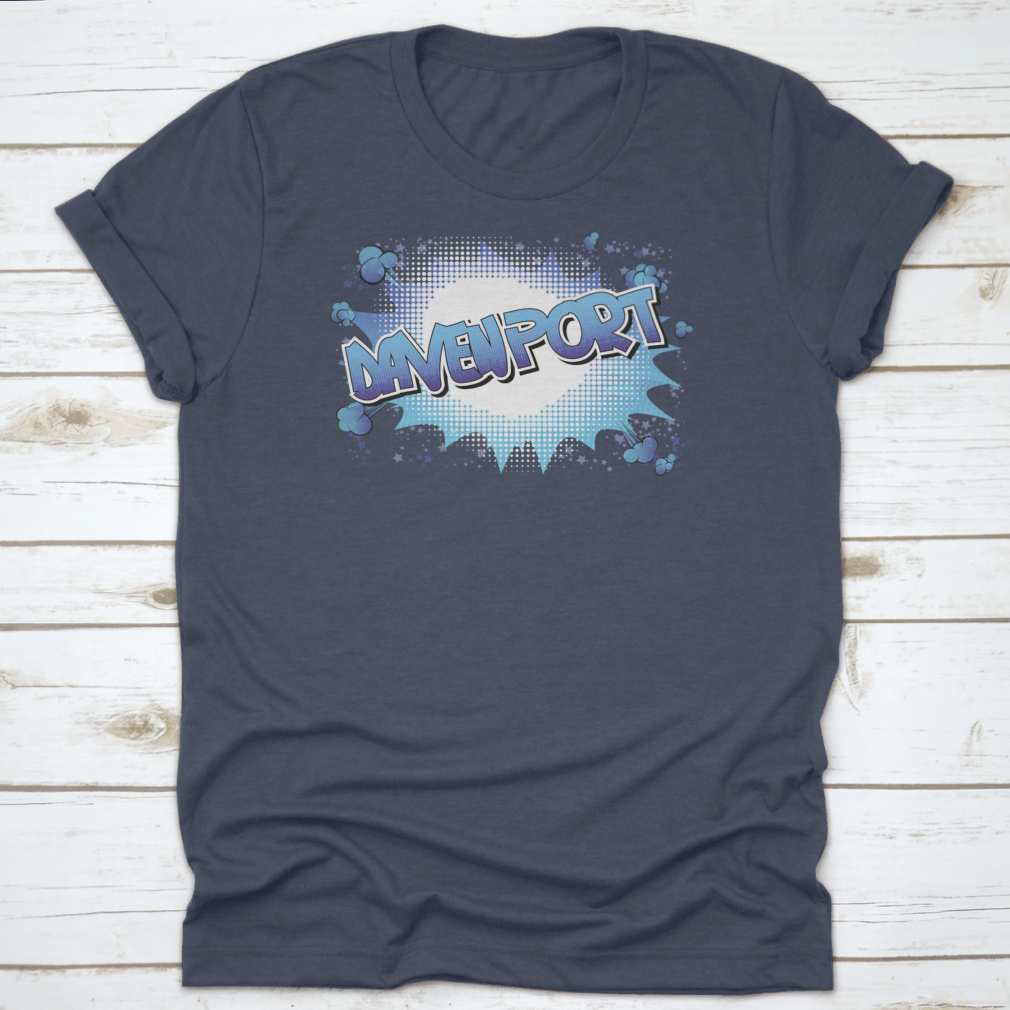 Davenport Comic Book Style Word Shirt in vibrant colors, showcasing a unique design perfect for travel enthusiasts.