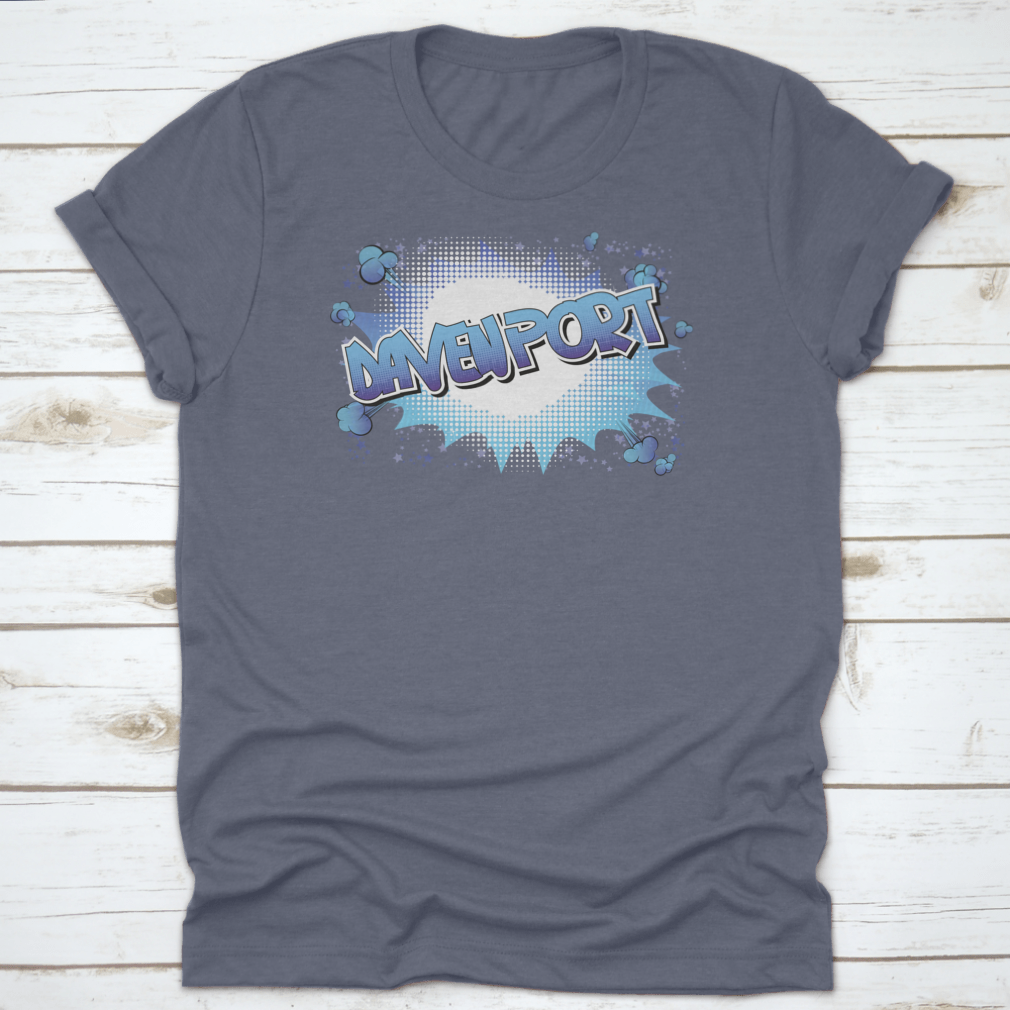 Davenport Comic Book Style Word Shirt in vibrant colors, showcasing a unique design perfect for travel enthusiasts.