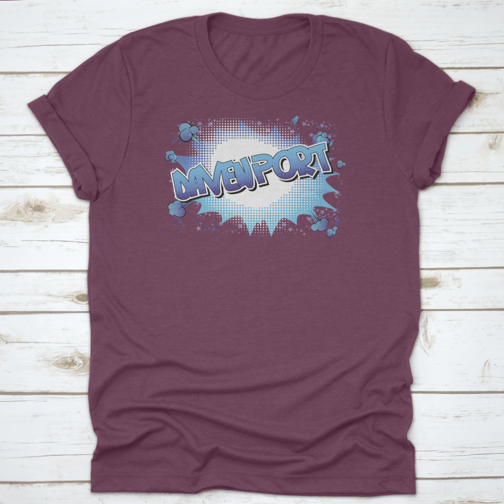 Davenport Comic Book Style Word Shirt in vibrant colors, showcasing a unique design perfect for travel enthusiasts.