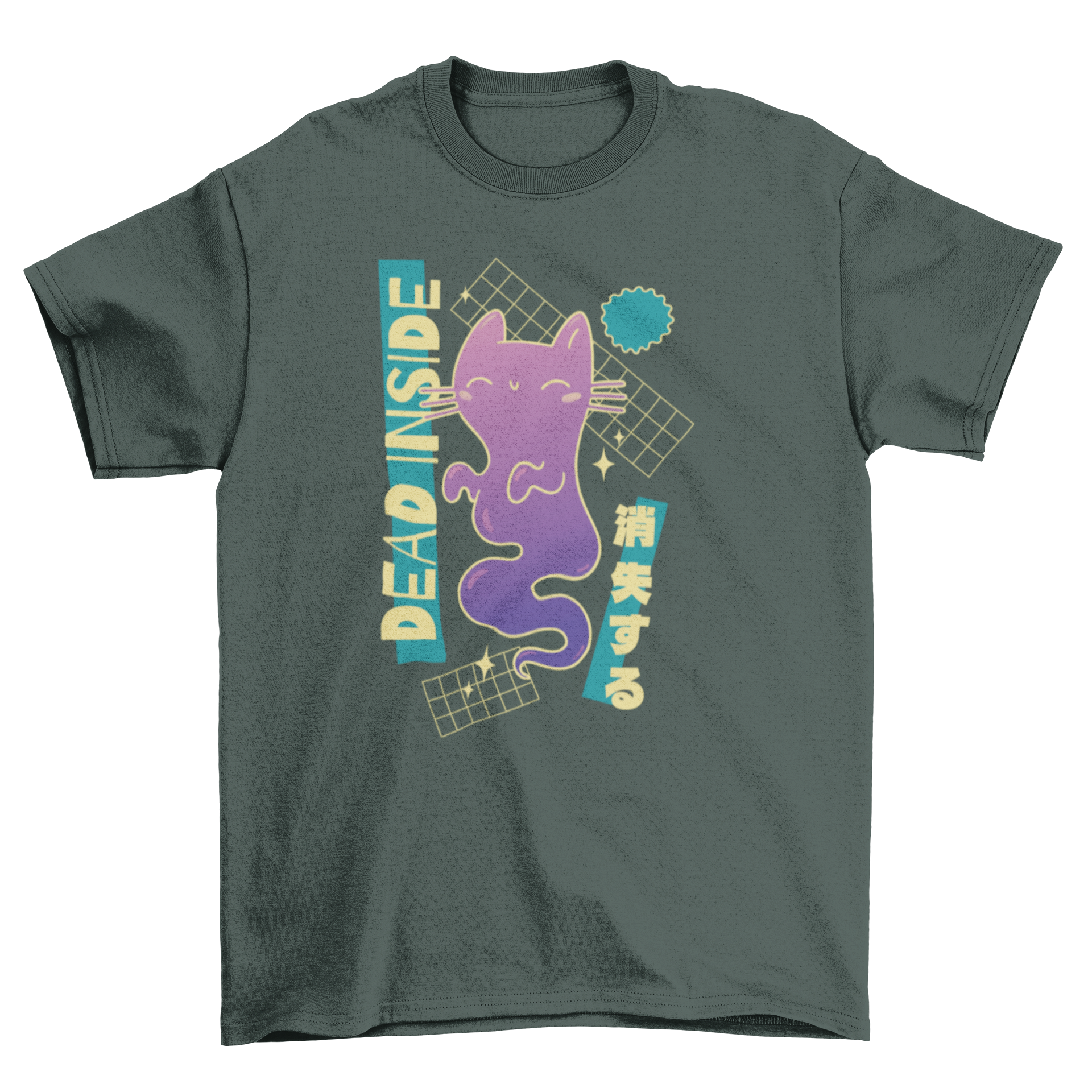 A playful t-shirt featuring a cartoon ghost cat with the quote 'Dead Inside', perfect for cat lovers and humor enthusiasts.