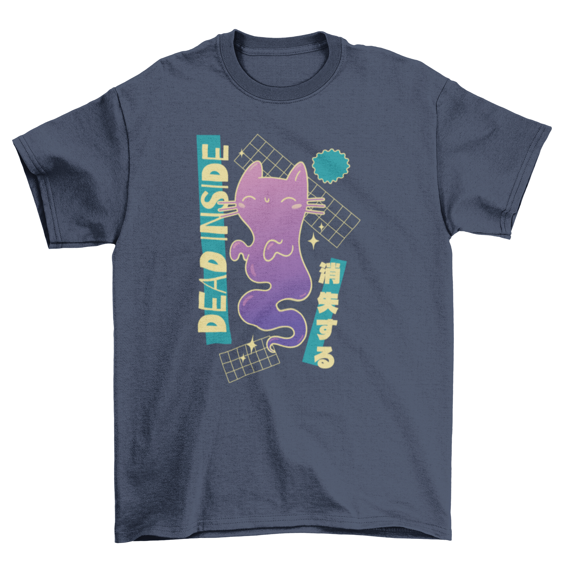 A playful t-shirt featuring a cartoon ghost cat with the quote 'Dead Inside', perfect for cat lovers and humor enthusiasts.