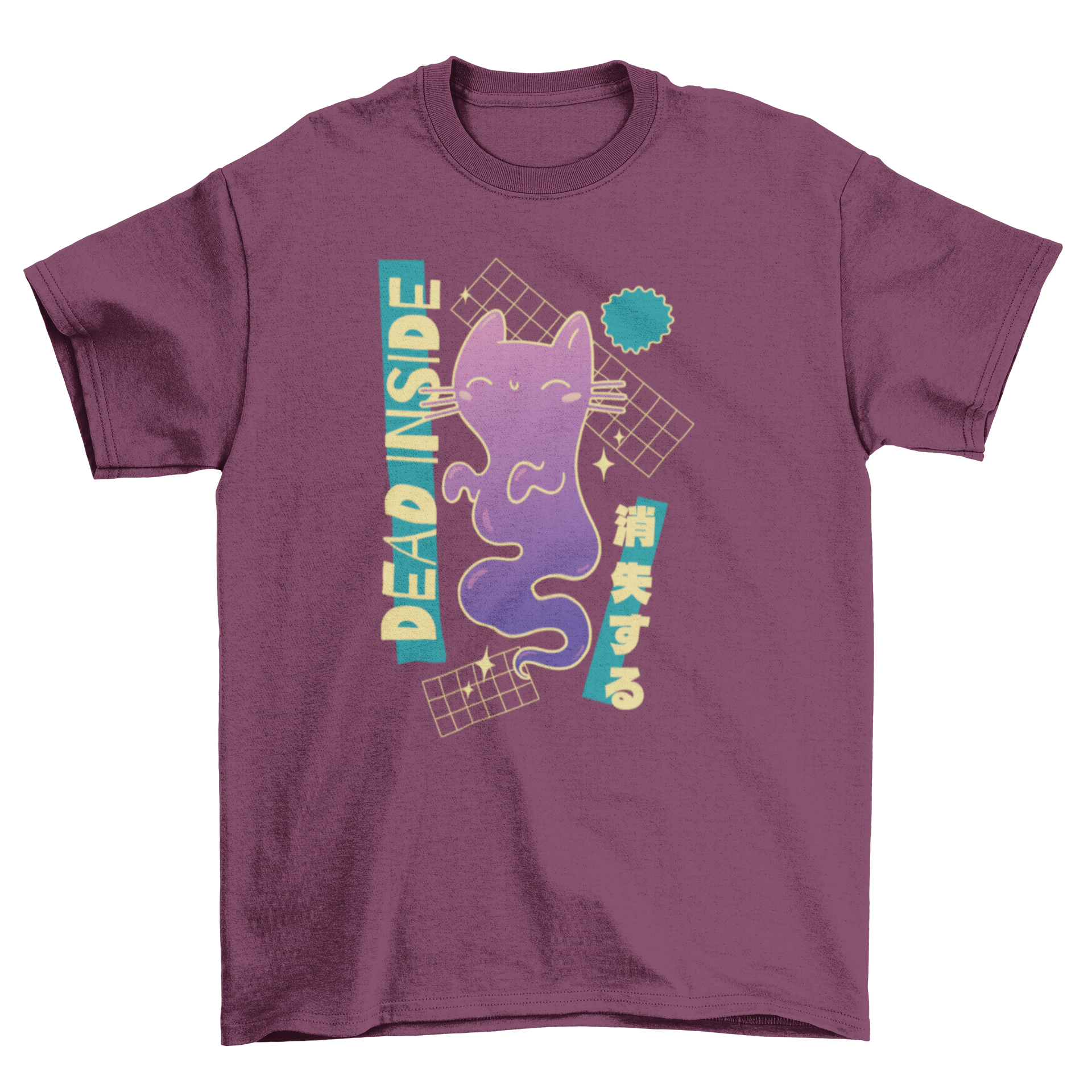 A playful t-shirt featuring a cartoon ghost cat with the quote 'Dead Inside', perfect for cat lovers and humor enthusiasts.