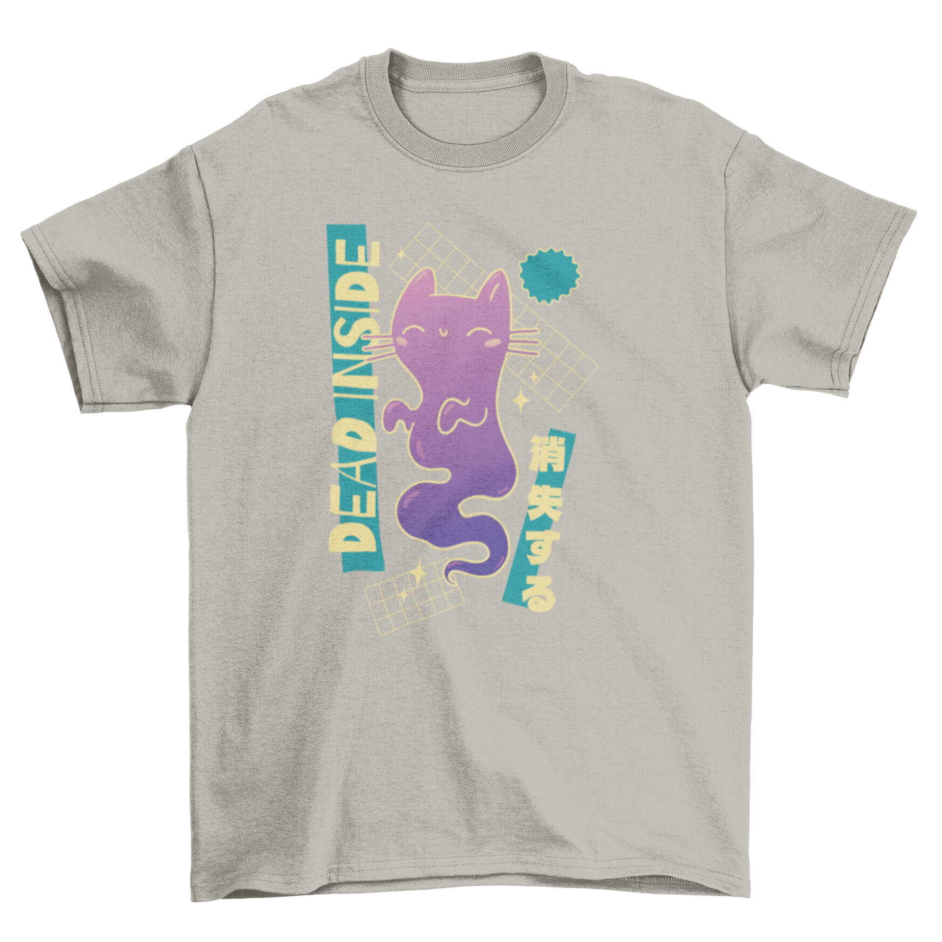 A playful t-shirt featuring a cartoon ghost cat with the quote 'Dead Inside', perfect for cat lovers and humor enthusiasts.