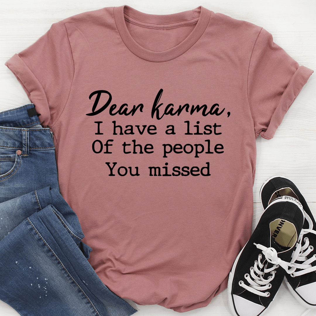 Dear Karma Tee featuring unique digital prints on 100% Ring-Spun Cotton fabric, showcasing vibrant colors and artistic designs.