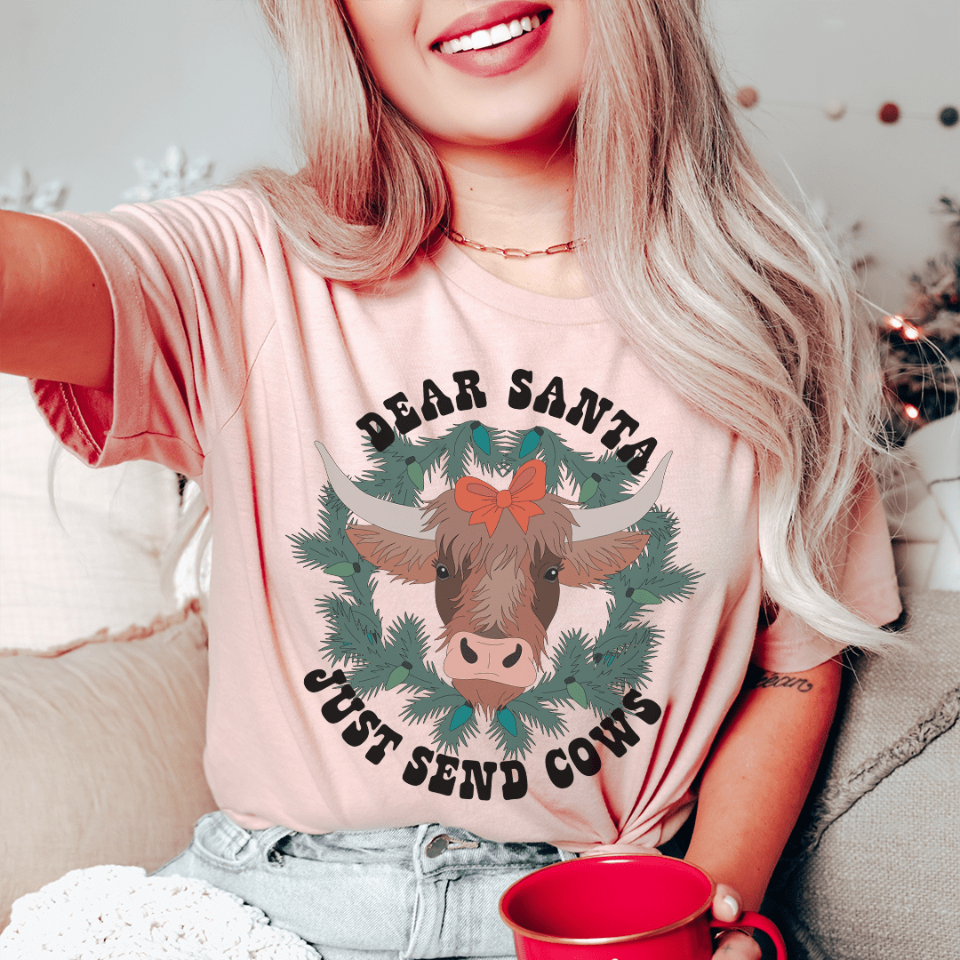A festive Dear Santa Just Send Cows Tee made from 100% soft cotton, featuring a playful holiday design.