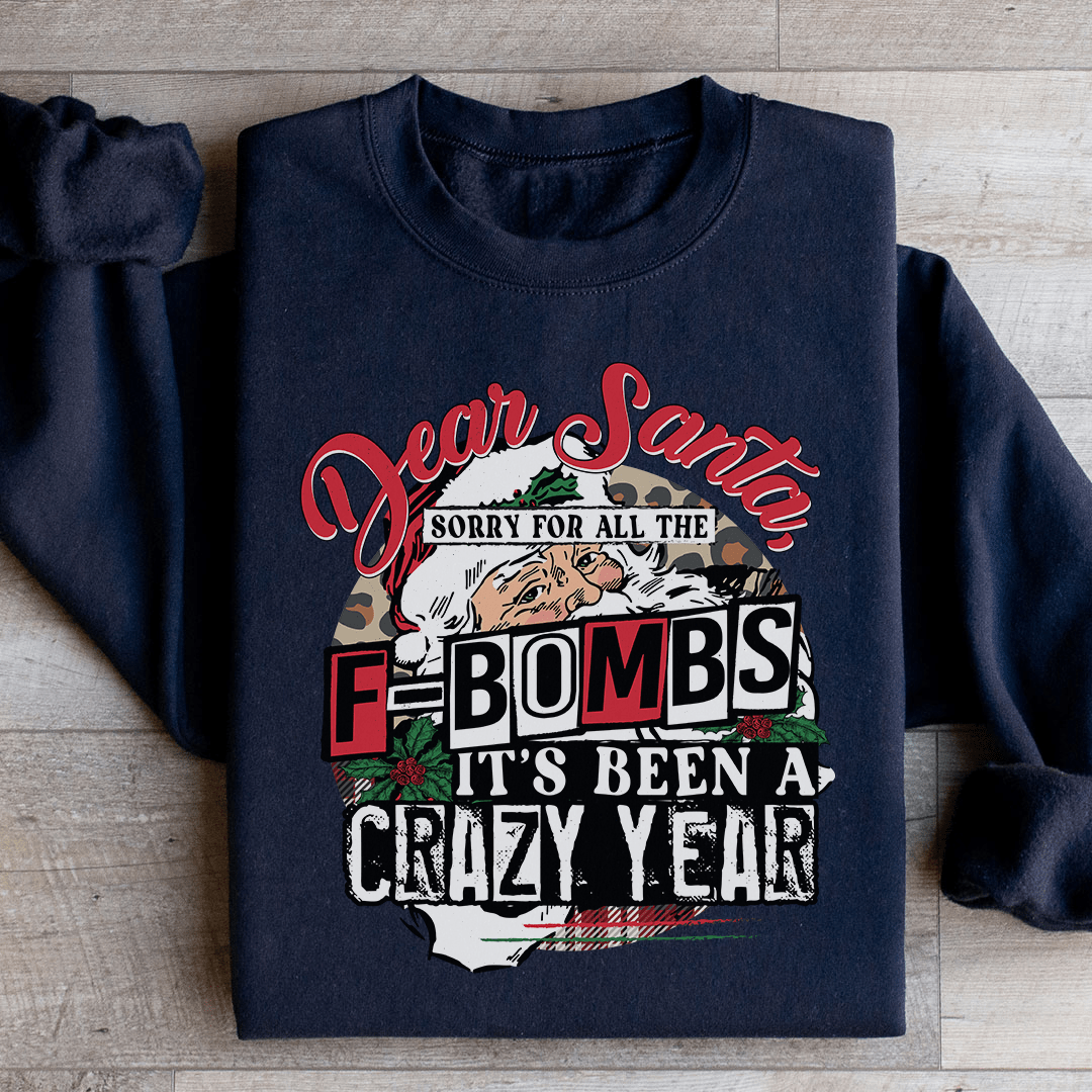 A cozy hoodie featuring the phrase 'Dear Santa Sorry For All The F Bombs', designed by top artists, made from a warm cotton/poly fleece blend.