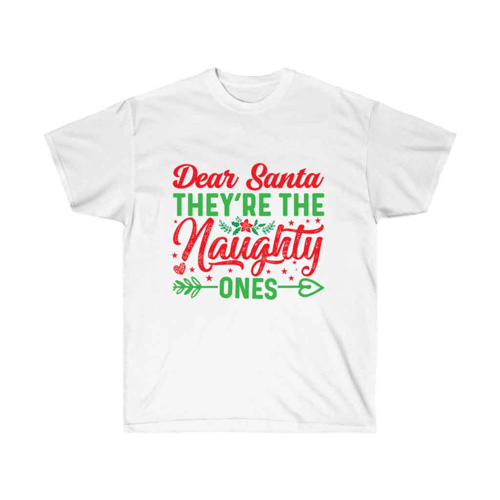 A festive 'Dear Santa They are the Naughty One' T-shirt made of soft cotton, featuring a playful vinyl print, perfect for Christmas celebrations.