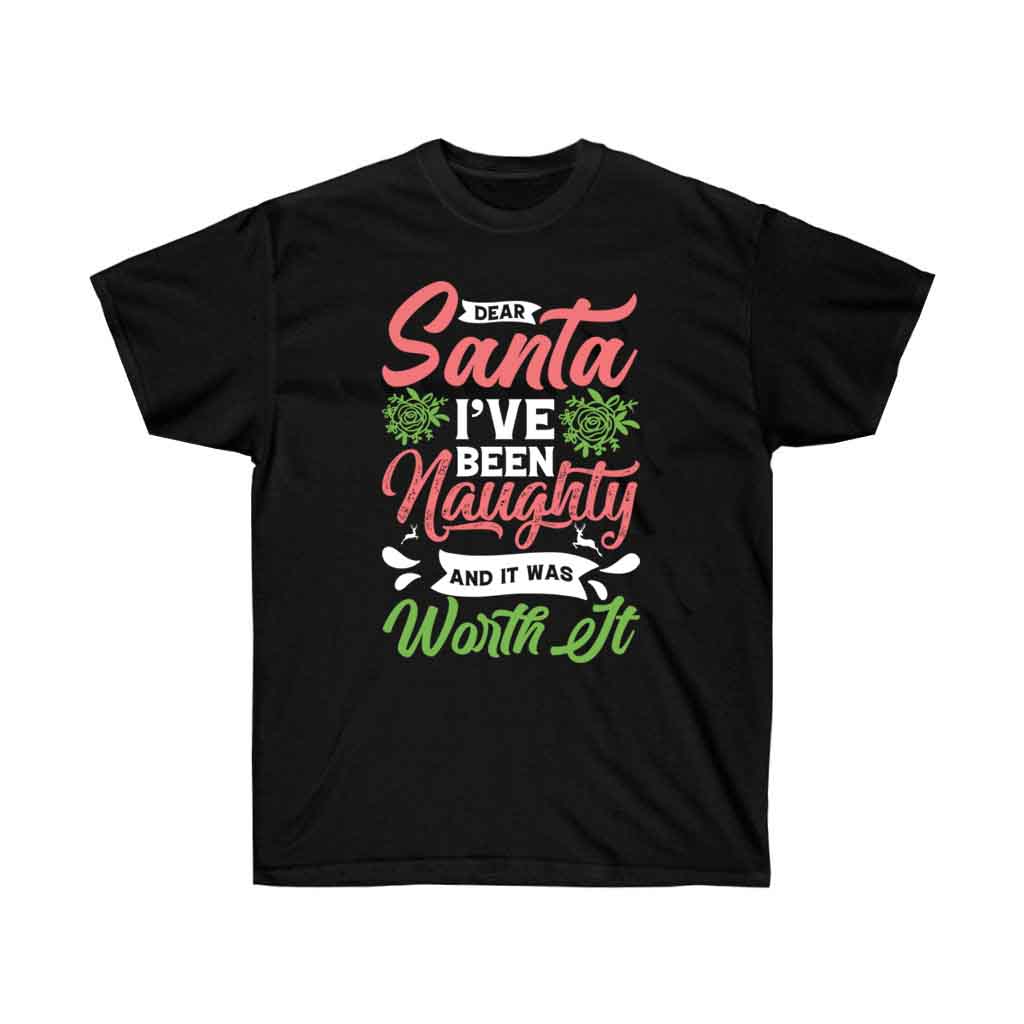 A festive 'Dear Santa They are the Naughty One' T-shirt made of soft cotton, featuring a playful vinyl print, perfect for Christmas celebrations.