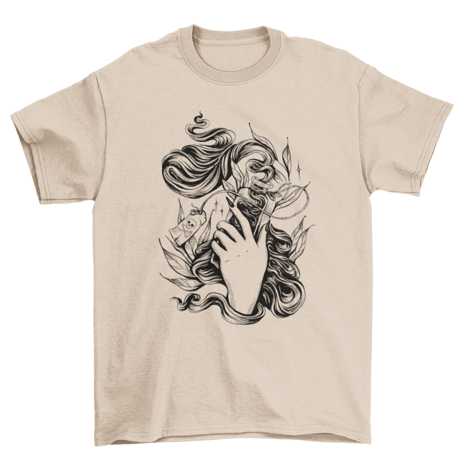 A stylish t-shirt featuring a hand holding a death potion, showcasing a unique and edgy design.