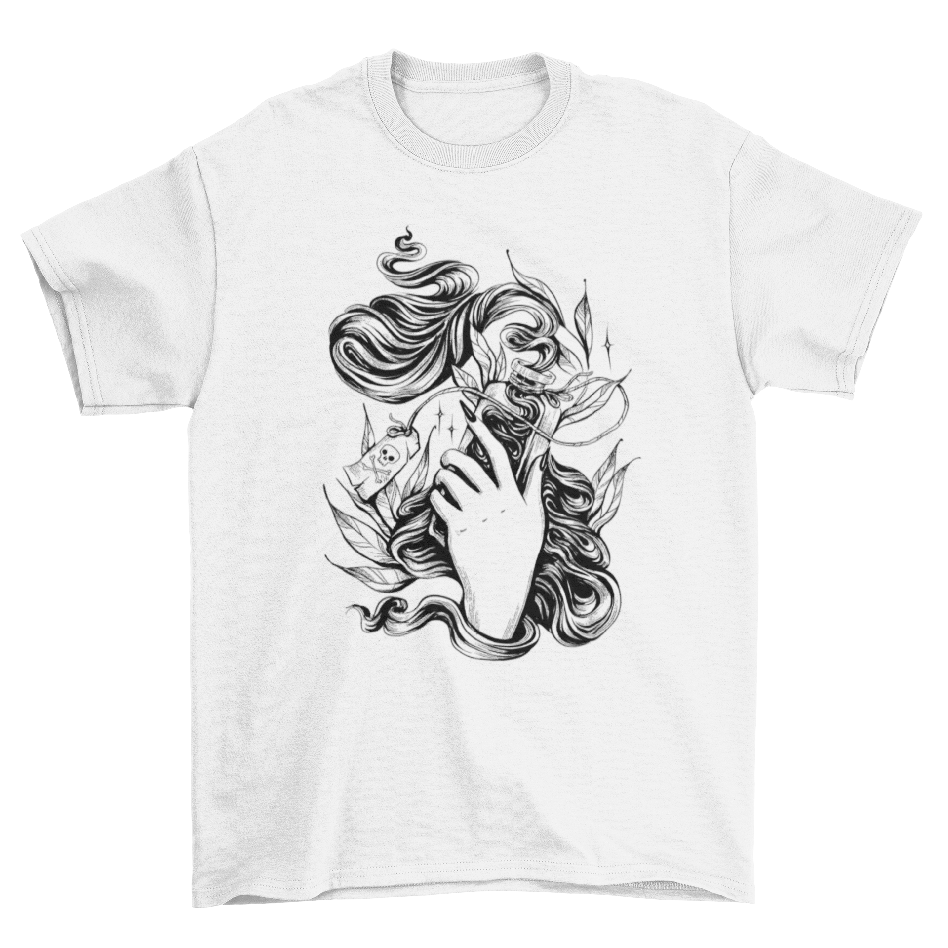 A stylish t-shirt featuring a hand holding a death potion, showcasing a unique and edgy design.