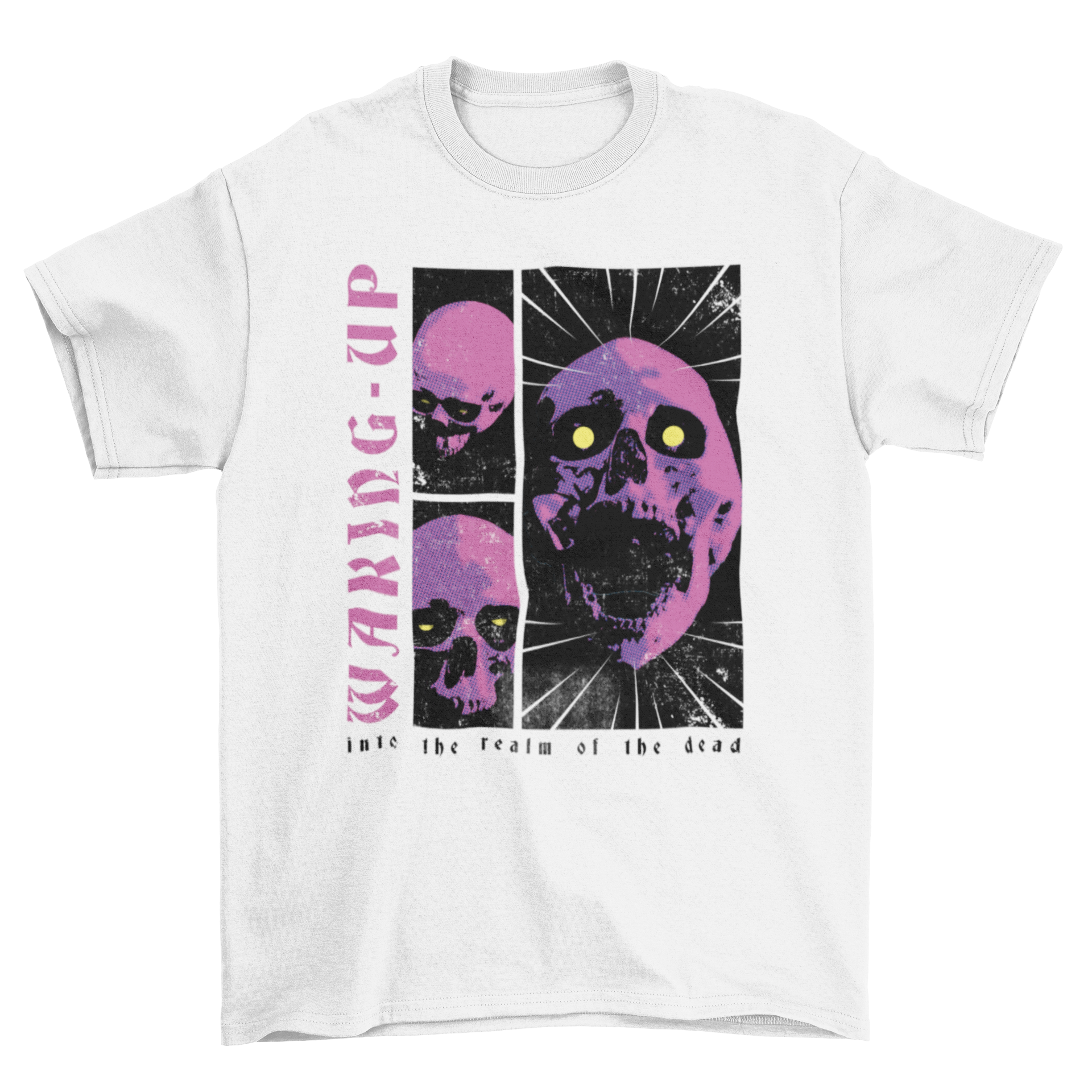Death Scary Fashion Halloween t-shirt featuring a skull design and the quote 'Waking-up into the realm of the dead'.