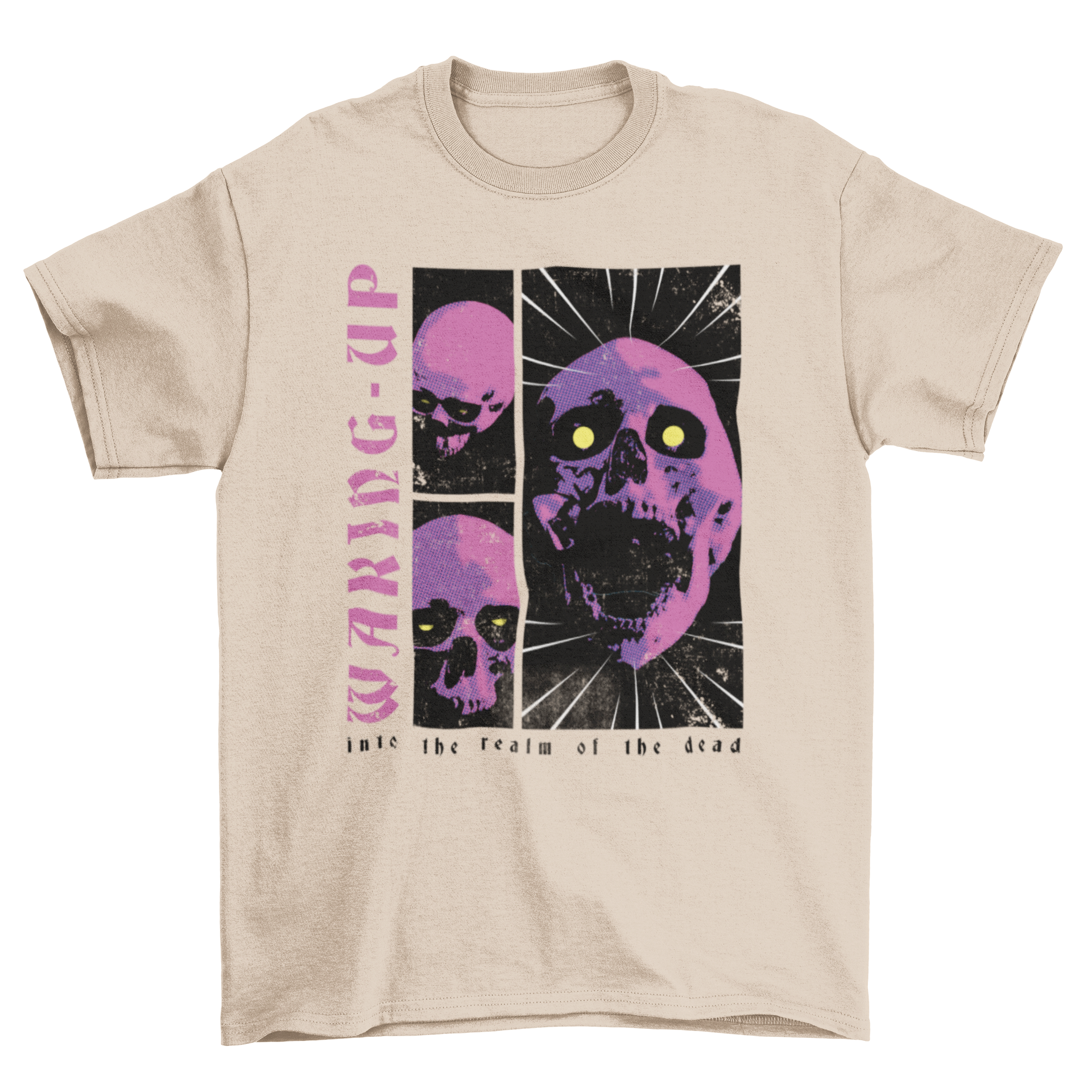 Death Scary Fashion Halloween t-shirt featuring a skull design and the quote 'Waking-up into the realm of the dead'.