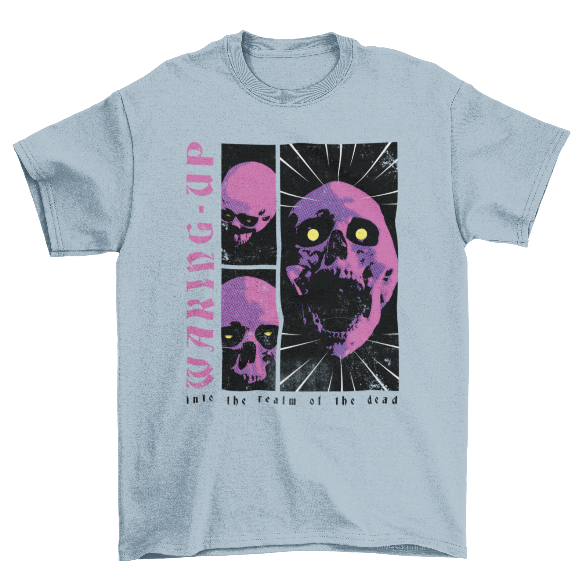 Death Scary Fashion Halloween t-shirt featuring a skull design and the quote 'Waking-up into the realm of the dead'.