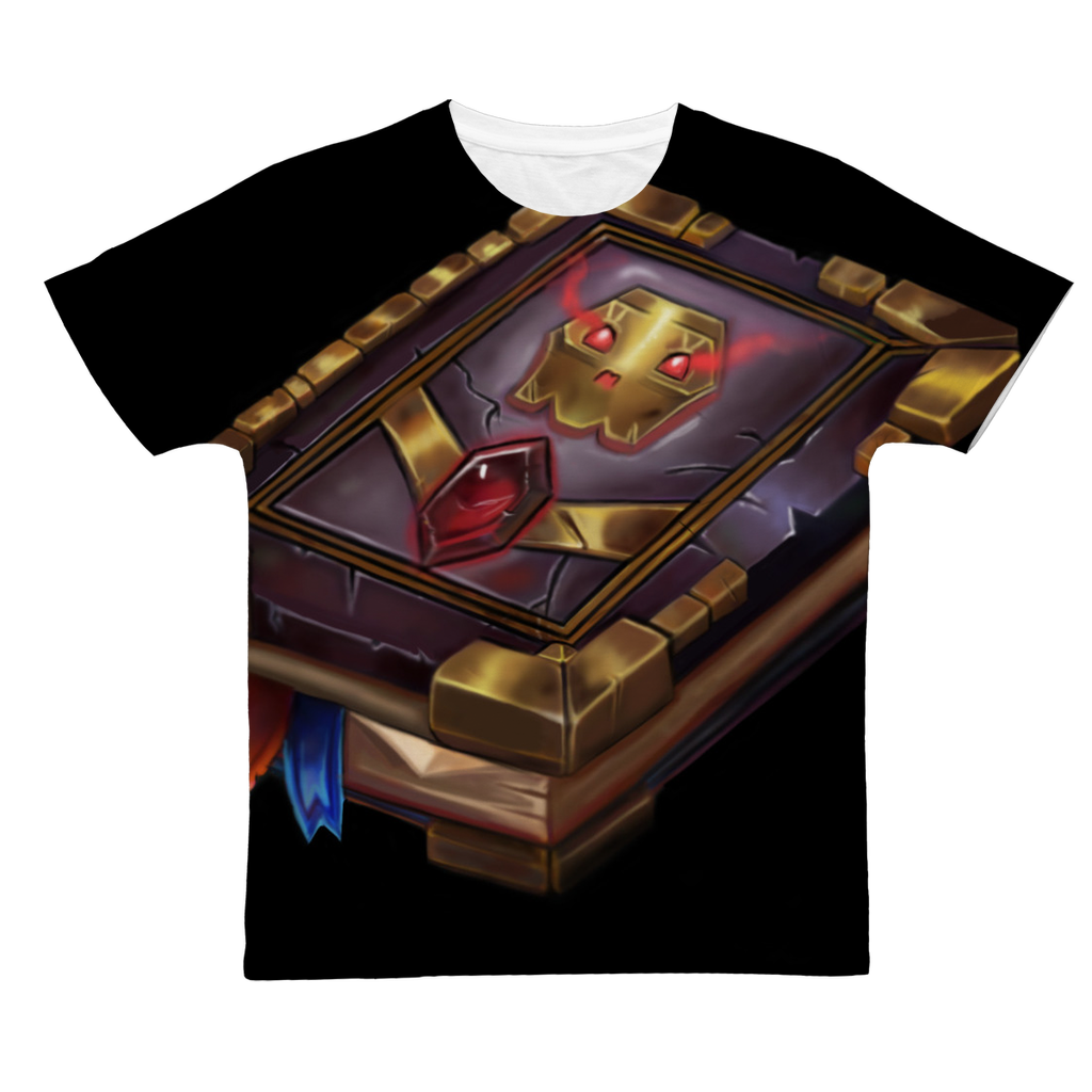 Death Spell Book Classic Sublimation Adult T-Shirt featuring vibrant colors and a soft cotton-like feel, perfect for custom designs.