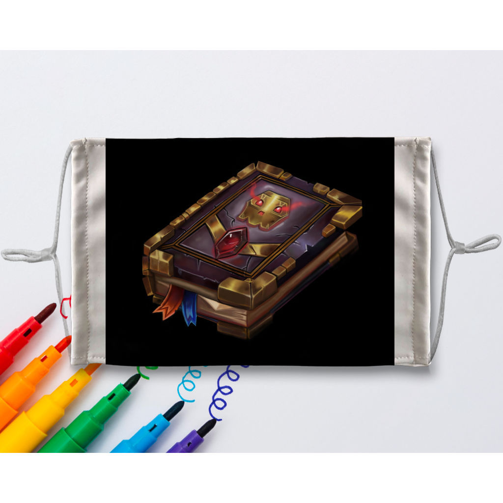 Death Spell Book Sublimation Colouring Face Mask with vibrant textile markers, showcasing a creative design.