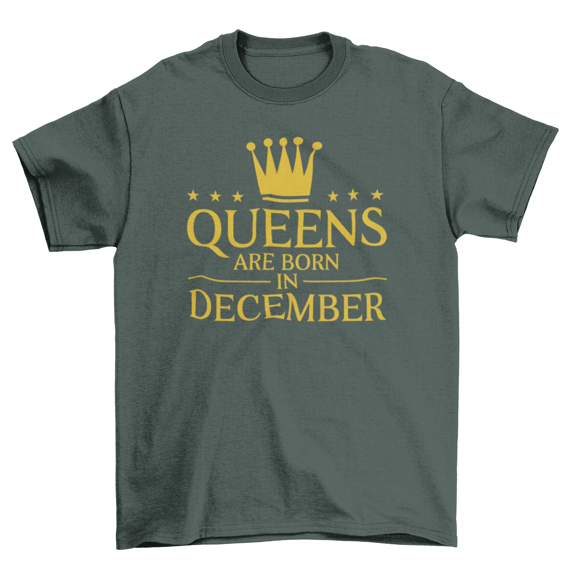 Editable t-shirt design featuring a crown and the text 'Queens are born in December'.