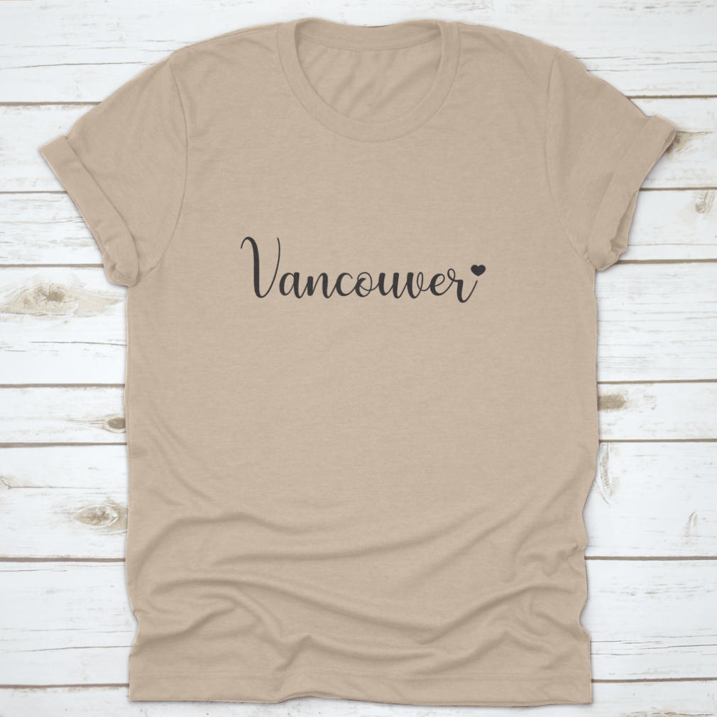 Decorative Fancy Vancouver Text Lettering with Heart Design Typography on a cotton fabric, showcasing stylish typography and heart motif.